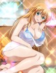  1girl antenna_hair bangs bare_arms bare_legs barefoot bikini blonde_hair blue_bikini blush breasts cleavage collarbone floating_hair green_eyes hair_between_eyes ikkitousen indoors large_breasts long_hair looking_at_viewer open_mouth print_bikini shiny shiny_hair shiny_skin solo sonsaku_hakufu sparkle straight_hair sweatdrop swimsuit very_long_hair wavy_mouth wet_towel 