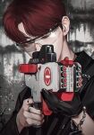  1boy aiming artist_name bangs black_shirt bracelet choi_soo-bin finger_on_trigger gloves grey_eyes gun hair_behind_ear highres hoki11 holding holding_gun holding_weapon jewelry k-pop looking_to_the_side male_focus multiple_rings parted_bangs real_life red_hair ring safety_glasses scope shirt single_glove solo tomorrow_x_together weapon 