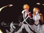  1boy 1girl absurdres bleach bleach:_the_thousand-year_blood_war breasts brown_eyes dual_wielding highres holding holding_sword holding_weapon inoue_orihime juliet_sleeves kurosaki_ichigo large_breasts long_hair long_sleeves looking_at_viewer midriff navel orange_hair parted_lips puffy_sleeves rozuberry short_hair skirt spiked_hair sword weapon white_skirt wide_sleeves 