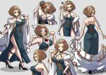  1girl alcohol bare_shoulders beer_mug between_breasts breasts brown_eyes brown_hair bursting_breasts choker cleavage collarbone cup dress drinking drinking_glass drunk english_text eyeshadow fire_emblem fire_emblem:_three_houses food from_behind from_side full_body grey_background hair_slicked_back high_heels highres jacket jacket_removed kinkymation large_breasts lipstick looking_back makeup manuela_casagranda mature_female mole mole_under_eye mug multiple_views off_shoulder open_mouth orange_eyeshadow orange_lips sandwich short_hair side_slit simple_background standing wine wine_glass 