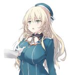  1boy 1girl admiral_(kancolle) atago_(kancolle) beret blonde_hair blue_headwear blush breast_grab breasts gloves grabbing green_eyes hat highres kantai_collection large_breasts long_hair military military_uniform naval_uniform open_mouth out_of_frame sakana_(flame_sakana) simple_background uniform upper_body white_background white_gloves 