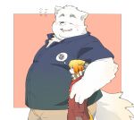  2022 anthro belly big_belly blush bottomwear canid canine canis clothing domestic_dog duo eyes_closed hi_res inunoshippo kemono male mammal overweight overweight_male pants scarf shirt size_difference sweater topwear 