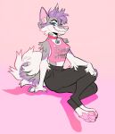  anthro aurora_bloom black_bottomwear black_clothing black_pants blue_eyes bottomwear canid canine canis claws clothing collar countershade_torso countershading curled_tail domestic_dog fangs female furbakery hair hi_res husky inner_ear_fluff mammal nordic_sled_dog pants pawpads paws pink_clothing pink_shirt pink_topwear purple_hair shirt sitting smile smiling_at_viewer solo sparkles spitz teeth topwear tuft 