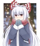  1girl border bow breath fujiwara_no_mokou grey_jacket grey_mittens hair_bow hair_ornament hiwano jacket long_hair open_mouth red_bow red_eyes red_scarf scarf snowing solo touhou very_long_hair white_border white_hair winter_clothes 