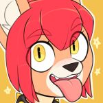  2022 anthro canid canine countershade_face countershading digital_media_(artwork) domasarts female fur hair headshot_portrait heiko_(domasarts) icon looking_at_viewer mammal open_mouth pink_tongue portrait red_hair solo tan_body tan_fur tongue tongue_out yellow_eyes 
