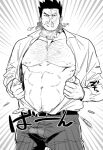  1boy abs belt boku_no_hero_academia bulge chest_hair cowboy_shot endeavor_(boku_no_hero_academia) fire greyscale looking_at_viewer male_focus monochrome muscular muscular_male open_clothes open_shirt pants pectorals scar scar_across_eye shirt short_hair short_sleeves solo standing theplough03 