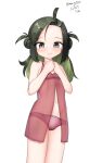  1girl absurdres ahoge black_hair bra cowboy_shot dated double_bun flat_chest forehead green_hair grey_eyes hair_bun highres kantai_collection lingerie long_hair makinami_(kancolle) maru_(marg0613) multicolored_hair negligee one-hour_drawing_challenge panties red_bra red_panties simple_background solo standing twitter_username underwear underwear_only white_background 