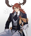  absurdres antlers arknights ascot bow bowtie czerny_(arknights) formal highres long_hair male_focus mobrinono monocle outstretched_hand red_hair sitting suit talking 