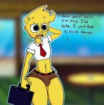  anthro blue_eyes buckteeth clothed clothing dialogue english_text freckles girly hi_res looking_at_viewer male marine navel necktie nickelodeon rexon02 skimpy small_waist solo spongebob_squarepants spongebob_squarepants_(character) teeth text thick_thighs yellow_body 