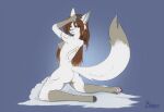  2022 anthro areola biped boras_art breasts brown_hair butt canid canine claire_(svartrbrisingr) claws digital_media_(artwork) eyelashes female genitals hair hi_res hindpaw kneeling long_hair looking_at_viewer looking_back looking_back_at_viewer mammal nipples orange_eyes pawpads paws pink_areola pink_nipples pink_pawpads pink_pussy pussy rear_view solo tail toe_claws 
