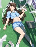  1girl bangs belt blue_belt blue_jacket blue_skirt blunt_bangs blush bow brown_eyes brown_hair closed_mouth cropped_jacket feet_out_of_frame groin hair_bow hair_ribbon ikkitousen jacket long_hair lying midriff miniskirt navel on_back pencil_skirt ribbon shiny shiny_hair shiny_skin short_sleeves skirt socks solo stomach ten&#039;i_(ikkitousen) very_long_hair white_bow white_ribbon white_socks 