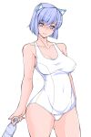  1girl 2k-tan bangs bare_arms bare_shoulders blue_eyes blue_hair bottle breasts cleavage closed_mouth collarbone cowboy_shot eyelashes fingernails headgear highres holding holding_bottle large_breasts legs_apart light_blue_hair looking_at_viewer one-piece_swimsuit os-tan over-rim_eyewear red-framed_eyewear ruriwo_(ruriwo1894) school_swimsuit semi-rimless_eyewear short_hair simple_background smile solo split_mouth standing swimsuit thighs water_bottle white_background white_one-piece_swimsuit 