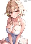  1girl artist_name bangs bare_shoulders barefoot blonde_hair blush breasts cleavage collarbone genshin_impact highres large_breasts looking_at_viewer lumine_(genshin_impact) short_hair solo takenoko_pengin white_background yellow_eyes 