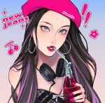  ! !! 1girl bendy_straw beret black_hair black_shirt blue_eyes bow cable character_name chinese_commentary copyright_name drinking_straw drinking_straw_in_mouth earrings eyeliner eyeshadow gradient gradient_background grey_bow haerin_(newjeans) hat headphones headphones_around_neck highres hoop_earrings jewelry k-pop long_hair makeup multicolored_hair newjeans open_mouth oxide_(oxidego) pink_eyeshadow pink_headwear portrait procreate_(medium) purple_hair real_life red_lips shirt solo strapless strapless_shirt streaked_hair 