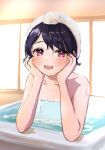  bangs bathing bathroom bathtub black_hair commentary_request fangs fukumaru_koito head_rest highres idolmaster idolmaster_shiny_colors looking_at_viewer maruno_zzz partially_submerged purple_eyes skin_fangs swept_bangs towel towel_on_head upper_body water wet 