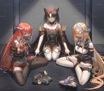  3girls absurdres animal_ears arknights arms_behind_back bagpipe_(arknights) bangs bare_shoulders bdsm black_choker black_dress black_hair black_thighhighs blonde_hair blue_hairband blue_necktie bondage bound bound_ankles braid breasts cat_ears chenjiyan_y chinese_commentary choker closed_eyes commentary_request commission dress feet gag gagged hairband highres horns improvised_gag indoors jacket large_breasts long_hair long_sleeves lotus_position mandragora_(arknights) multiple_girls necktie off-shoulder_dress off_shoulder orange_hair pantyhose plaid plaid_skirt pointy_ears purple_eyes red_skirt revision rope saileach_(arknights) second-party_source shirt shoes shoes_removed short_hair sitting skirt soles tape tape_gag thighhighs twin_braids very_long_hair watermark white_pantyhose white_shirt wide_sleeves 