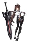  1girl bodysuit brown_hair counter:side english_text full_body gloves greatsword highres lee_sooyeon legs long_hair official_art red_eyes side_ponytail solo standing transparent_background very_long_hair weapon 