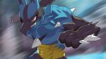  16:9 2022 abs anthro black_body black_fur black_sclera blue_body blue_fur blurred_background chest_spike drunk_oak fur generation_4_pokemon hi_res lucario multicolored_body multicolored_fur muscular nintendo paradox_pokemon pokemon pokemon_(species) red_eyes solo spikes spikes_(anatomy) widescreen yellow_body 