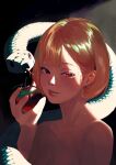  1girl absurdres animal apple blonde_hair breasts cleavage food fruit highres holding holding_food holding_fruit looking_at_viewer original red_eyes reptile scales short_hair snake solo some1else45 tongue tongue_out upper_body 