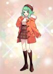  1girl alternate_costume beret blurry bokeh boots brown_footwear brown_headwear brown_skirt coat commentary depth_of_field full_body fur-trimmed_coat fur_trim green_eyes green_hair gumi hand_up hat high-waist_skirt high_heel_boots high_heels knee_boots looking_at_viewer miniskirt nou_(nounknown) open_mouth orange_coat plaid plaid_skirt pleated_skirt pocket pom_pom_(clothes) ribbed_sweater second-party_source skirt sleeves_past_wrists smile solo sparkle_background standing sweater vocaloid white_sweater 