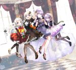  4girls a.i._voice absurdres anniversary bangs black_bow black_bowtie black_dress black_gloves black_jacket blue_eyes blunt_bangs blurry blurry_background bow bow_skirt bowtie box cevio checkered_floor commentary crescent crescent_hair_ornament curtains dress dress_shirt dual_persona full_body gift gift_box gloves hair_ornament half_gloves highres holding holding_gift index_fingers_raised indoors jacket jewelry kizuna_akari kizuna_akari_(tsubomi) layered_skirt looking_at_viewer midair multiple_girls necklace open_mouth outstretched_arm outstretched_hand pantyhose pearl_necklace pty purple_dress purple_eyes purple_hair red_dress see-through see-through_skirt shirt sidelocks skirt sleeveless sleeveless_dress smile textless_version vocaloid voiceroid white_shirt window yuzuki_yukari yuzuki_yukari_(rei) yuzuki_yukari_(shizuku) 