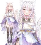  1girl :d absurdres amai_hiyo animal_ear_fluff animal_ears bangs bare_shoulders black_thighhighs blonde_hair braid cat_ears cat_girl cat_tail closed_mouth commentary_request dress grey_hair hair_between_eyes highres indie_virtual_youtuber long_hair multicolored_hair multiple_views off-shoulder_dress off_shoulder purple_dress red_eyes red_hair rukako shoes simple_background smile streaked_hair tail thighhighs twin_braids very_long_hair white_background white_footwear 