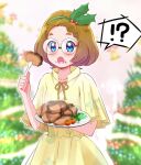  !? 1girl bangs blue_eyes blurry blurry_background bob_cut braid braided_bangs brown_hair christmas_tree commentary depth_of_field dress eating food food_on_face garland_(decoration) glasses green_hairband hair_ornament hair_tie hairband hamburger_steak holding holding_plate holly_hair_ornament ichinose_minori looking_at_viewer mitumi_mira open_mouth plate precure round_eyewear short_hair short_sleeves solo spoken_interrobang standing tropical-rouge!_precure yellow_dress 
