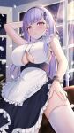  1girl absurdres apron arm_up azur_lane bangs bare_arms breasts dido_(azur_lane) earrings frills highres jewelry jyu-so large_breasts long_hair looking_at_viewer parted_lips purple_eyes purple_hair solo thighhighs thighs white_apron white_thighhighs 