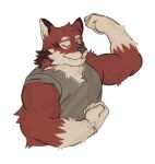  anthro benjidrawss_(artist) bracelet canid canine canis clothed clothing digital_media_(artwork) echo_(game) echo_(series) echo_project flexing flexing_bicep fur hair hi_res jewelry leo_alvarez looking_at_viewer male mammal muscular muscular_male one_eye_closed presenting red_body red_wolf simple_background smile solo solo_focus wink wolf 