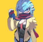  2022 blue_bottomwear blue_clothing blue_eyelashes blue_eyes blue_hair blue_scarf bottomwear breasts clothed clothing cosplay drunk_oak female gardevoir generation_3_pokemon grusha_(pokemon) hair humanoid monotone_background multicolored_scarf nintendo pokemon pokemon_(species) red_scarf scarf simple_background solo topwear white_scarf yellow_clothing yellow_topwear 