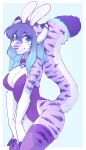  2017 anthro big_tail biped blue_background blue_eyes blue_hair border braided_hair breasts bunny_costume cleavage clothed clothing costume digital_media_(artwork) ear_piercing fake_ears fake_rabbit_ears felid feline female gradient_hair hair hi_res industrial_piercing looking_at_viewer mammal piercing purple_clothing shaded simple_background solo standing translucent_thigh_socks white_border zyira 