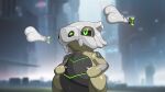  16:9 2022 black_body black_pupils black_sclera blurred_background city cityscape cubone drunk_oak generation_1_pokemon green_eyes hi_res machine nintendo paradox_pokemon pokemon pokemon_(species) pupils robot solo white_body widescreen 