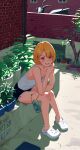  1girl absurdres asymmetrical_bangs bangs blonde_hair bottle cigarette cigarette_pack clenched_teeth crocs highres holding holding_bottle holding_cigarette leaning_forward lighter looking_at_viewer original outdoors red_eyes short_hair sitting smile solo some1else45 teeth white_footwear 