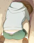  1girl ass breasts brown_hair feet_out_of_frame from_behind gegege_no_kitarou green_shorts haruyama_kazunori inuyama_mana panties short_hair short_ponytail shorts solo underwear 