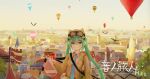  1girl absurdres aircraft apple bangs blue_eyes blue_hair blue_necktie closed_mouth collared_shirt flag food fruit goggles goggles_on_head hair_between_eyes hat hatsune_miku highres holding holding_food holding_fruit hot_air_balloon looking_at_viewer megami_benka necktie outdoors shirt smile solo twintails vocaloid 