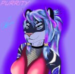  2022 absurd_res anthro blue_eyes blue_hair breasts cleavage clothed clothing digital_media_(artwork) fangs felid feline female fishnet fishnet_clothing fur hair hi_res horn intersex lynxdts mammal multicolored_body multicolored_fur multicolored_hair pantherine profile_view purple_horn purrity shaded simple_background simple_shading smile solo solo_focus striped_body stripes teeth text tiger 