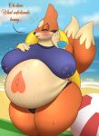  2022 anthro ball beach beach_ball belly big_belly big_breasts blush bodily_fluids breasts clothed clothing dipstick_tail female fio_(pandashorts) floatzel generation_4_pokemon inflatable lactating mammal markings multicolored_body mustelid nintendo open_mouth pandashorts pokemon pokemon_(species) sand sea seaside solo tail_markings text thick_thighs tuft video_games water 