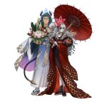  1boy 1girl animal_ears askr_(fire_emblem) bat_ears cow_ears cow_horns dark-skinned_male dark_skin embla_(fire_emblem) fire_emblem fire_emblem_heroes halo horns japanese_clothes kimono long_hair official_art pale_skin white_background white_hair 