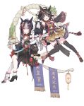  2020 2girls animal_ears arm_up black_hair commentary_request detached_sleeves equinox_(racehorse) full_body gassan_aya hair_between_eyes hair_ornament highres horse_ears horse_girl horse_tail japanese_clothes kitasan_black_(umamusume) looking_at_viewer medium_hair multiple_girls original red_eyes sash shoes stuffed_animal stuffed_toy tail thighhighs umamusume white_background 