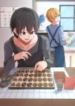  2boys absurdres apron baking black_apron black_eyes black_hair black_shirt blonde_hair blue_apron blue_eyes blue_shirt bowl box calendar_(object) cookie eugeo faucet food hair_between_eyes heart-shaped_cookie highres holding holding_bowl kirito kitchen long_sleeves looking_back multiple_boys open_mouth sarasara_shoyu shirt short_hair sink sword_art_online sword_art_online:_alicization washing window 