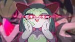  2022 blurred_background breasts collarbone drunk_oak female fingers front_view generation_3_pokemon generation_9_pokemon glowing glowing_eyes green_hair hair humanoid kirlia meowscarada nintendo pokemon pokemon_(species) teeth tongue 