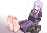  1girl aiou_akahiko barefoot black_footwear blush breasts covered_nipples fate/stay_night fate_(series) feet flying_sweatdrops gloves highres medea_(fate) pointy_ears purple_robe robe shoes shoes_removed simple_background soles solo steam toes white_background 