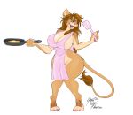  anthro apron apron_only big_breasts breasts brown_hair cleavage clothed clothing cooking cookware digitigrade felid female food frying_pan fur green_eyes hair hi_res kitchen_utensils knock-kneed lion lofiflavors mammal mostly_nude nipple_outline open_mouth pancake pantherine partially_clothed pink_nose simple_background smile solo spatula standing tail_tuft tan_body tan_fur thick_thighs tools tuft white_background wide_hips yogoat 