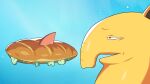  2022 black_eyes blue_background drowzee drunk_oak food generation_1_pokemon hi_res narrowed_eyes nintendo open_mouth pokemon pokemon_(species) sandwich_(food) side_view simple_background yellow_body yellow_ears yellow_nose 