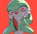  2022 bodily_fluids drunk_oak fingers gardevoir generation_3_pokemon green_body green_hair hair humanoid monotone_background nintendo open_mouth pokemon pokemon_(species) red_background red_body red_eyes simple_background sweat tongue white_body 