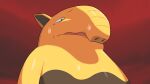  2022 brown_body drowzee drunk_oak generation_1_pokemon hi_res low-angle_view multicolored_body nintendo open_mouth pokemon pokemon_(species) red_background simple_background solo yellow_body yellow_ears yellow_nose 