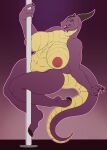 anthro areola belly_scales big_breasts black_sclera breasts claws curvy_figure dancing dragon female hi_res horn huge_breasts mature_female nipples non-mammal_breasts non-mammal_nipples nude pole pole_dancing pupils purple_body purple_scales rhea_(casimyrcsko) scales scalie slit_pupils solo thick_tail thick_thighs tolerain voluptuous yellow_body yellow_eyes yellow_scales 