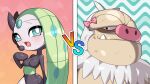  2022 anthro black_eyes blue_eyes breasts drunk_oak eyebrows fur generation_3_pokemon generation_5_pokemon green_hair hair hi_res humanoid legendary_pokemon meloetta nintendo open_mouth pink_nose pink_tongue pokemon pokemon_(species) pupils slaking teeth tongue white_body white_fur white_pupils 