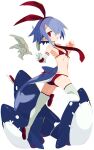  1girl bangs bikini blue_hair boots detached_wings disgaea disgaea_rpg fish_tail full_body gloves hair_over_one_eye hairband official_art photoshop_(medium) pleinair pointy_ears red_bikini red_eyes shark shark_tail short_hair simple_background single_glove solo swimsuit tail thigh_boots white_background wings 