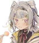  1girl ahoge bangs candy choker cone_hair_bun double_bun food grey_hair hair_bun hair_ornament highres holding holding_candy holding_food holding_lollipop jacket lollipop looking_to_the_side maid_headdress medium_hair nijisanji nijisanji_en parted_lips pink_ribbon portrait purple_eyes ribbon solo star_(symbol) star_hair_ornament tsukikaze_aki upper_body virtual_youtuber white_background zaion_lanza 